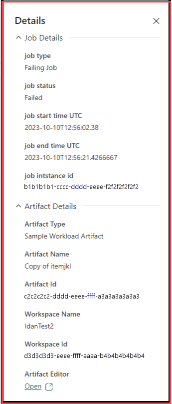 Screenshot che mostra il riquadro Dettagli del processo nell'hub di monitoraggio.
