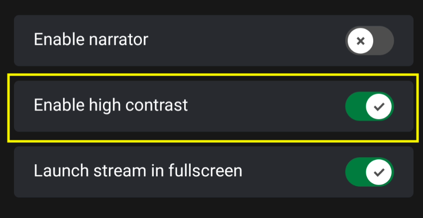 Enabling high contrast mode on the android CTA step 2