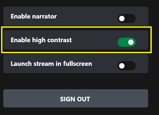 Enabling high contrast mode on windows CTA step 2