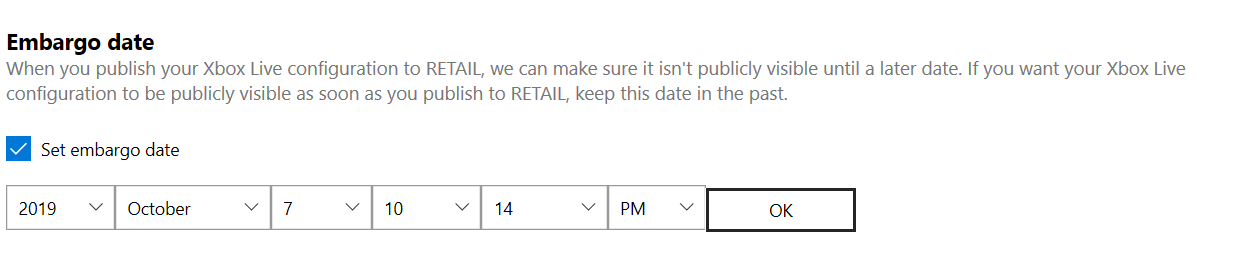 Setting the embargo date in Partner Center