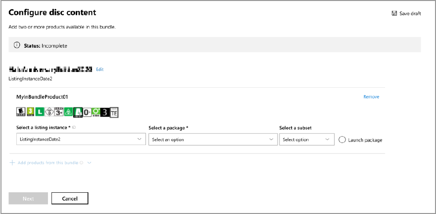 Screenshot of the Configure disc content page in Partner Center