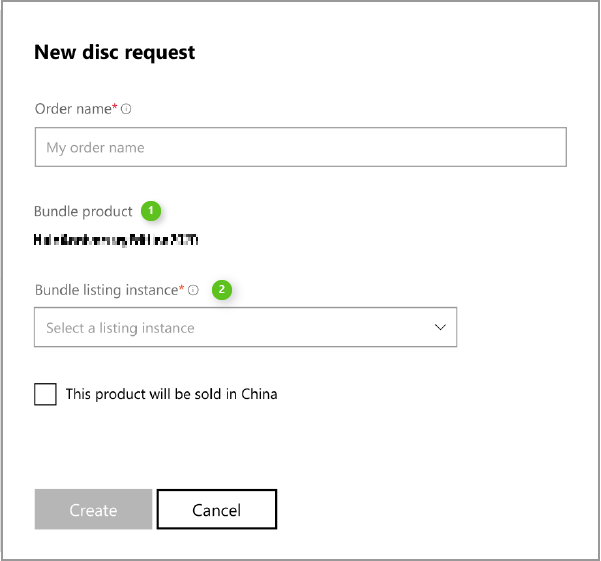Screenshot of the New disc request page for bundle product orders in Partner Center