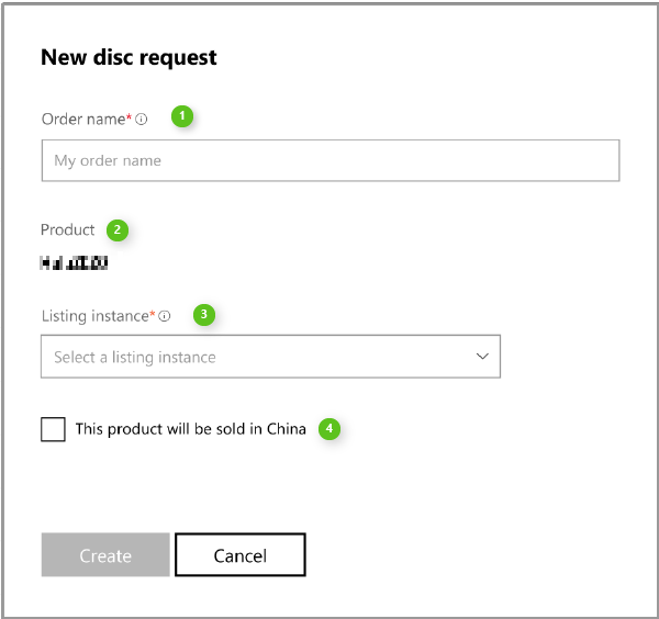 Screenshot of the New disc request dialog box in Partner Center