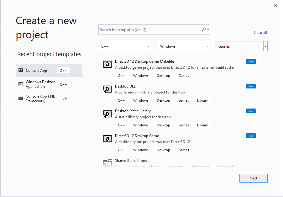 Screenshot of the Create a new project dialog box in Visual Studio 2019 for locating Windows PC gaming templates