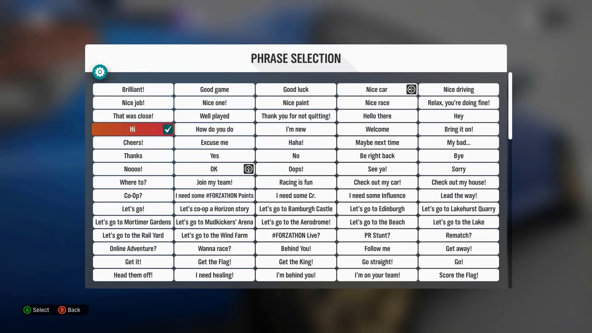 A screenshot from Forza Horizon 4, showing the "Phrase Selection" menu. A grid displays possible phrases that the player can choose. The "I'm New" phrase is selected.