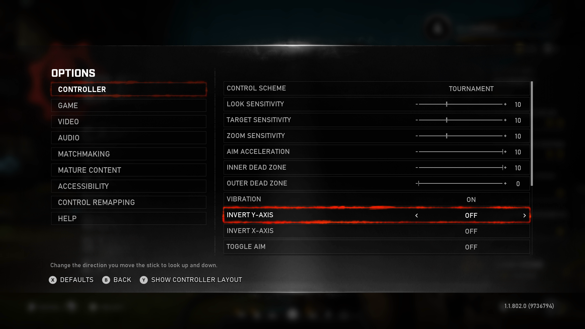 The controller options menu in Gears 5. The player is focused on the "invert y-axis" option. The current value is "off".