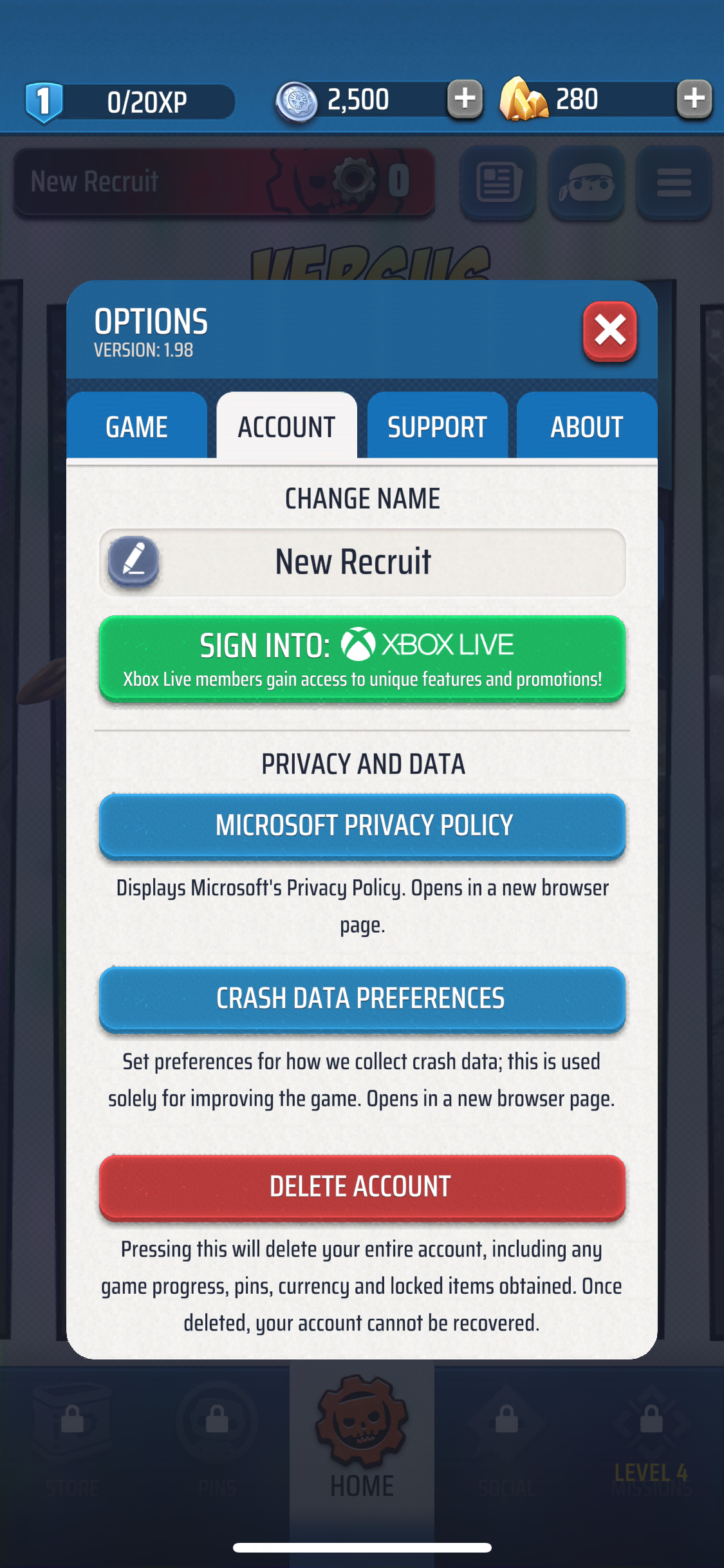 A screenshot from Gears POP!, displaying the "Account" tab in the "Options" menu.