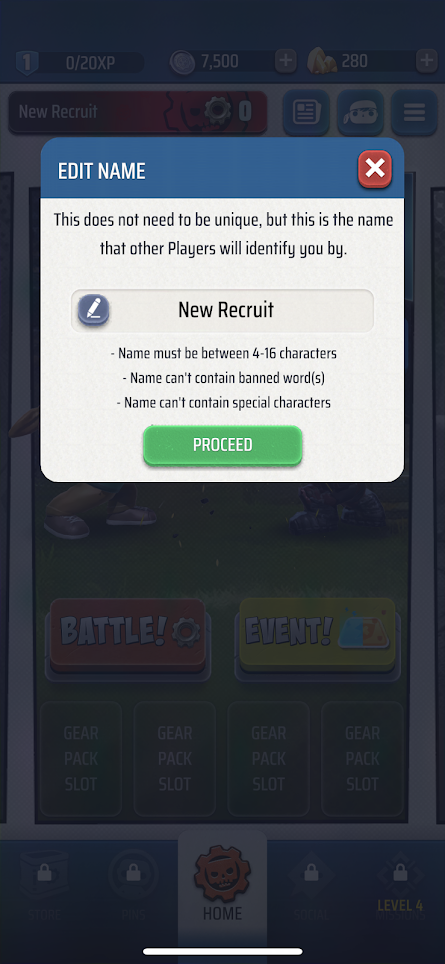 A screenshot from Gears POP!, displaying an "Edit Name" dialog box. A text field says, "New Recruit," and has guidelines listed below it as well as a "Proceed" button.