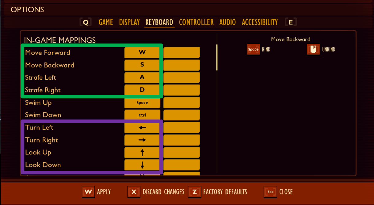 The keyboard settings menu in Grounded. The movement options that are mapped to W A S D. The looking-around options that are mapped to the arrow keys are highlighted.