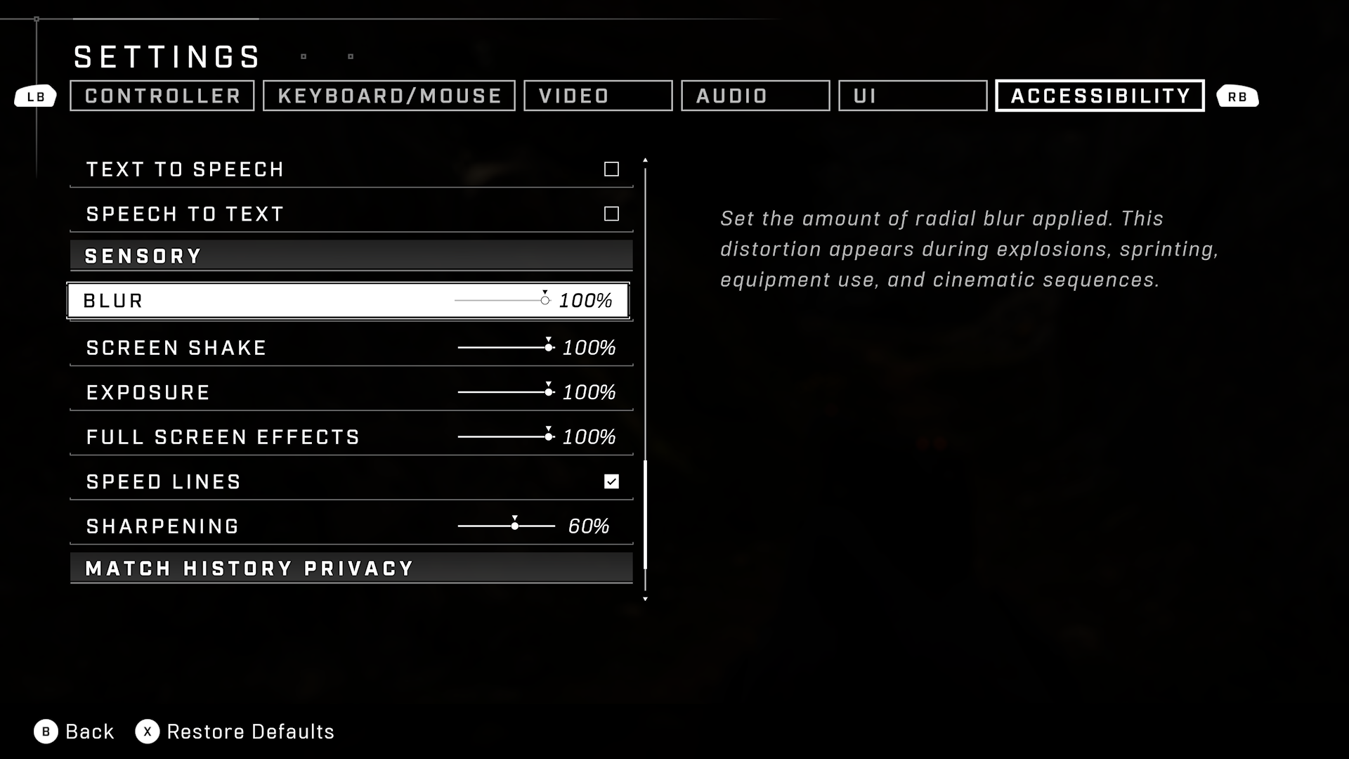Halo Infinite screenshot of the Accessibility section of the Settings menu where the Blur setting is highlighted and set to 100%.