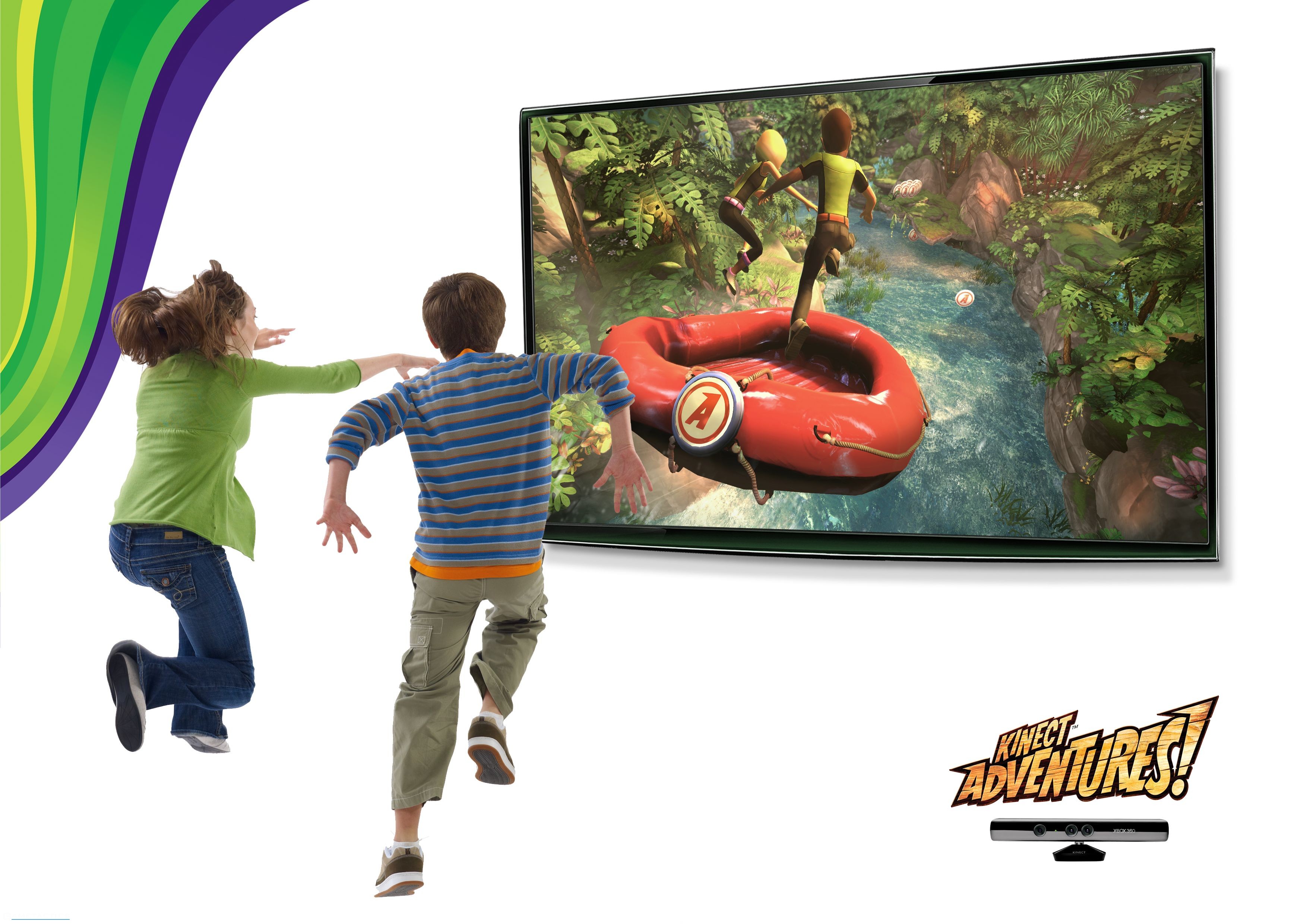 Image of two children jumping in front of a TV screen. They are playing the Kinect Adventures raft game.