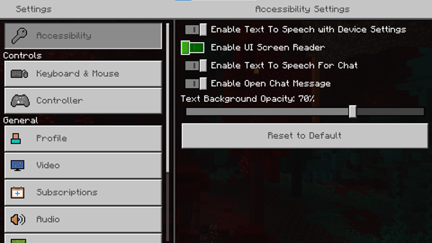 A screenshot from Minecraft, showing the "Settings" menu. The "Accessibility" tab is selected and various accessibility toggle switches and their text labels are displayed.