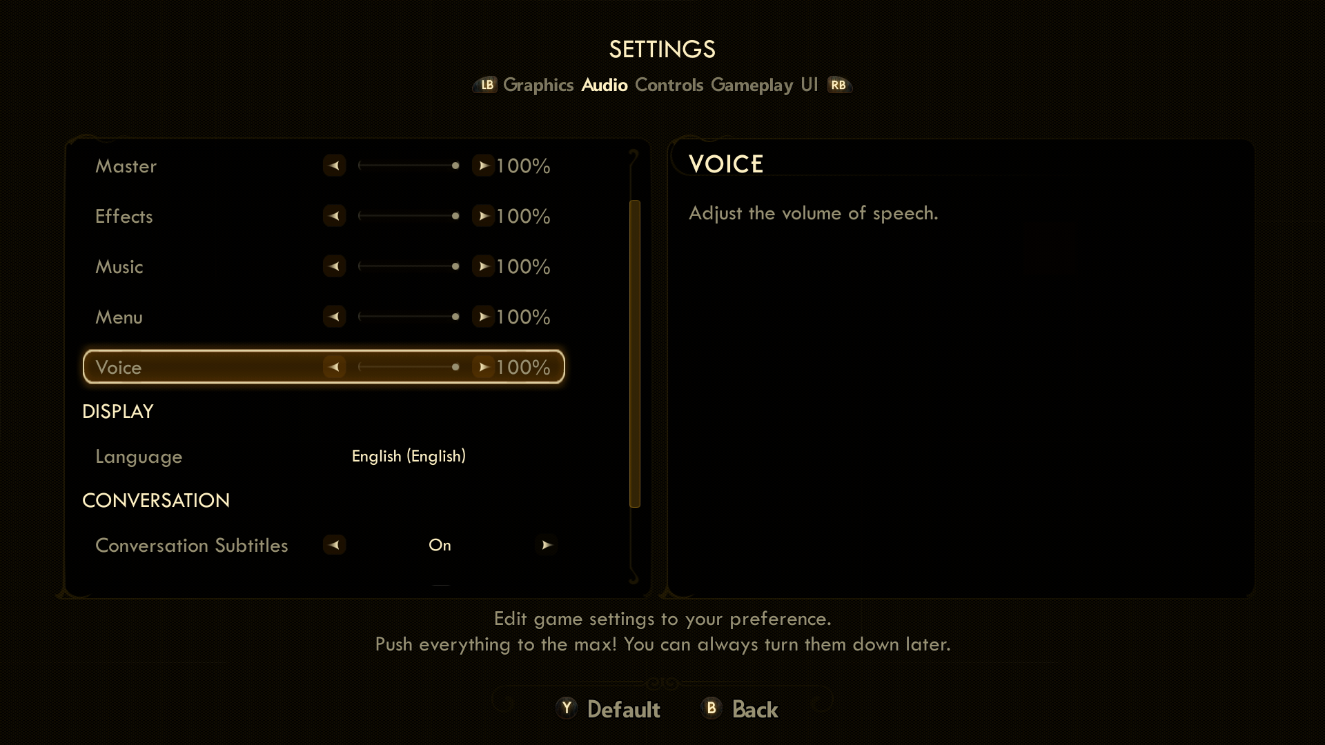 A screenshot from The Outer Worlds, displaying the "Settings" menu. The "Audio" tab is selected, and the "Voice" slider is selected and set to 100%.