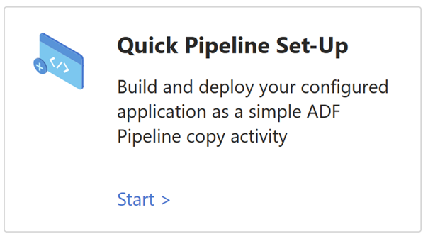 A screenshot that shows the Quick Pipeline Set-Up template within the Quick Start Templates tab in the Microsoft Graph Data Connect extension in the Azure Portal.