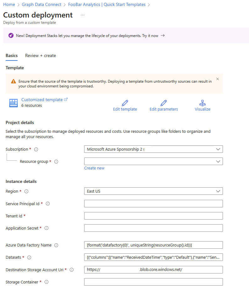 A screenshot that shows the custom deployment form to setup the Quick Pipeline Set-Up template for Microsoft Graph Data Connect.