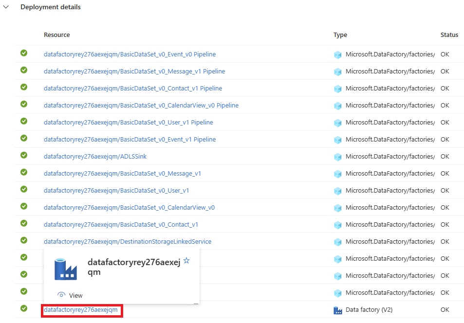 A screenshot that shows the selection of an Azure Data Factory resource within the Deployment details section.