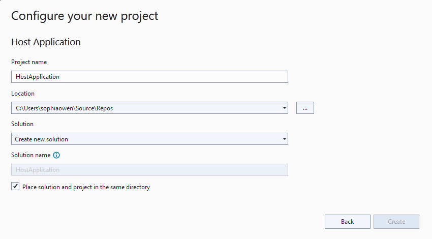 Screenshot che mostra Visual Studio e i dettagli per Configurare il nuovo progetto.