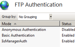 Screenshot della pagina F T P Authentication (Autenticazione F T P) che mostra la funzionalità di autenticazione di I S Manager abilitata.