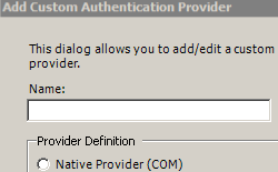 Screenshot della finestra di dialogo Aggiungi provider di autenticazione personalizzato con i campi Nome e Tipo per il provider di autenticazione personalizzato.