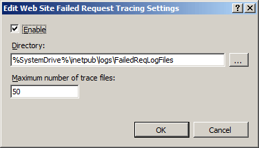 Screenshot di un'impostazione di traccia delle richieste non riuscite abilitata con un numero massimo di file di traccia impostati su 50.