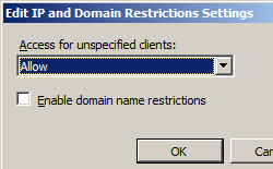 Screenshot della schermata Edit I P and Domain Restrictions Settings con lo stato attivo sull'opzione O K.