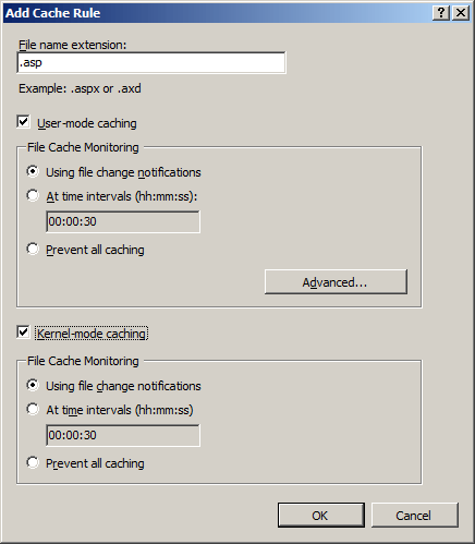 Screenshot della finestra di dialogo Aggiungi regola cache con le opzioni specificate.