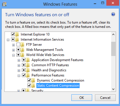 Screenshot della finestra di dialogo Funzionalità di Windows. La funzionalità Compressione contenuto statico è evidenziata.