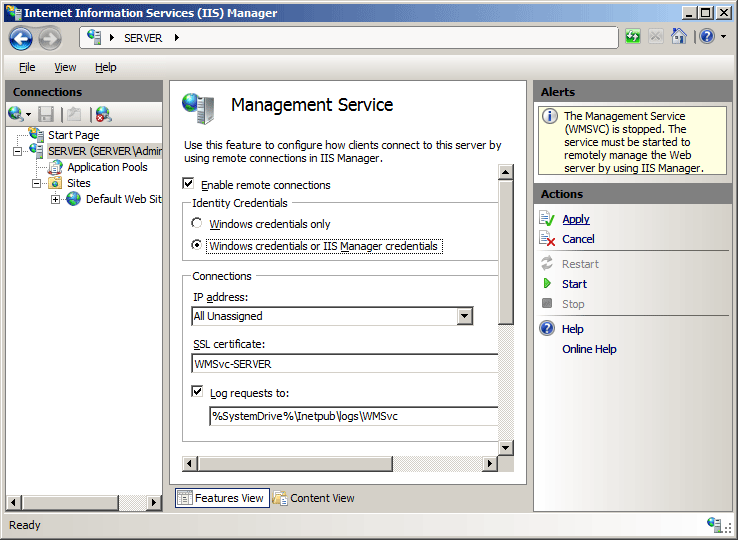 Screenshot della pagina Servizio di gestione che mostra l'opzione Applica nel riquadro Azioni.