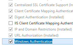 Screenshot del riquadro Server Web e Sicurezza espanso e Autenticazione di Windows selezionata.