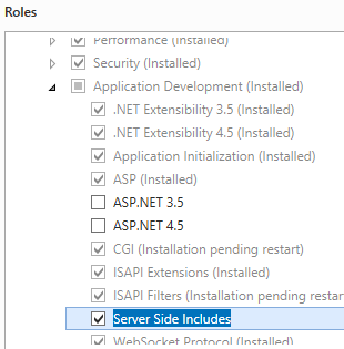 Screenshot dell'opzione Server Side Includes selezionata in Application Development (Sviluppo di applicazioni) in un server Web espanso (I S) e in elenchi server Web.