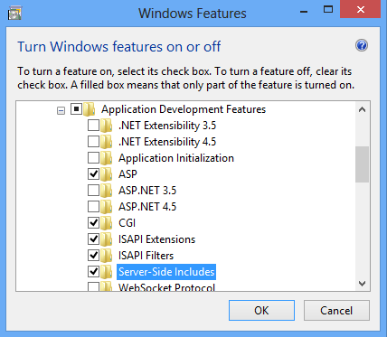 Screenshot dell'opzione Server Side Includes selezionata in un'interfaccia di Windows 8.