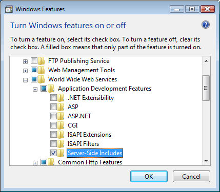 Screenshot dell'opzione Server Side Includes selezionata in un'interfaccia di Windows Vista o Windows 7.