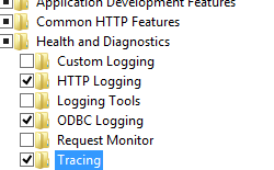 Screenshot del nodo World Wide Web Services and Diagnostics espanso con Traccia selezionata.