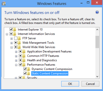 Screenshot shows Performance Features pane in Turn Windows features on or off page expanded and Static Content Compression highlighted.