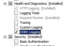 Screenshot che mostra le funzionalità di integrità e diagnostica per Windows Server 2008 o Windows Server 2008 R2 con registrazione O D B C selezionata.