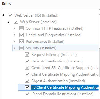 Screenshot dell'opzione I S Client Certificate Mapping Authentication evidenziata e selezionata.