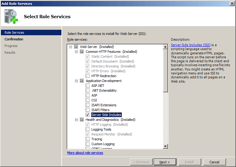 Screenshot dell'opzione Server Side Includes selezionata in Sviluppo di applicazioni in un elenco di server Web espanso.