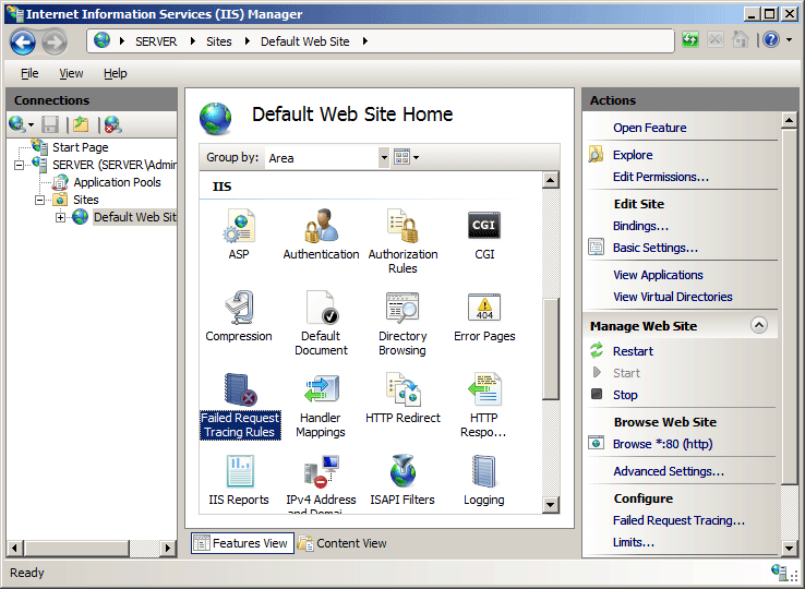 Screenshot di I S Manager che mostra la home page del sito Web predefinito. L'icona per Regole di traccia richieste non riuscite è evidenziata. 