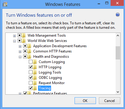 Screenshot della finestra di dialogo Funzionalità di Windows. La traccia è evidenziata nel menu a discesa.