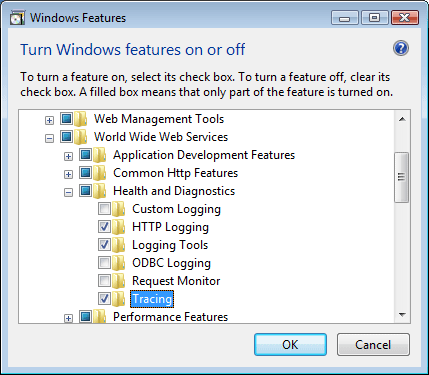 Screenshot della finestra di dialogo Funzionalità di Windows. La traccia è evidenziata nel menu espanso.