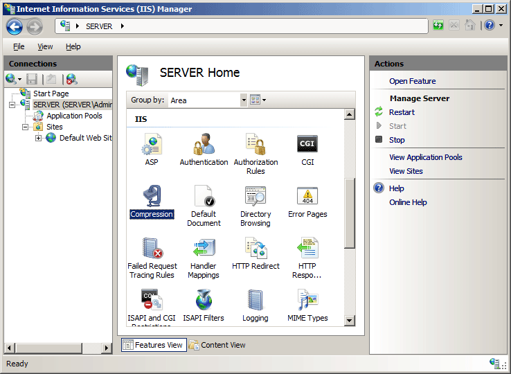 Screenshot di Internet Information Services Manager con compressione selezionata nel riquadro Home del server.
