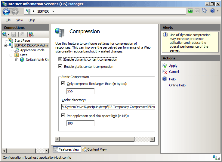 Screenshot del riquadro Compressione del server con compressione dinamica del contenuto e compressione del contenuto statico abilitato.