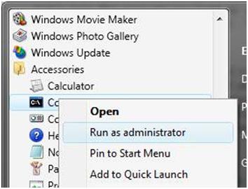 Screenshot del menu Start di Windows con uno stato attivo sull'opzione Esegui come amministratore nel menu a discesa fare clic con il pulsante destro del mouse.