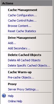 Screenshot del riquadro Azioni. Il pulsante Configurazione cache si trova sotto l'intestazione Gestione cache.