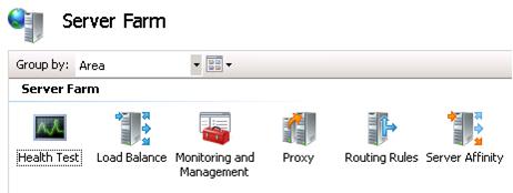 Screenshot della server farm. L'icona Test integrità, l'icona bilanciamento del carico, l'icona Monitoraggio e gestione, l'icona Proxy, l'icona Regole di routing e l'icona Affinità server.