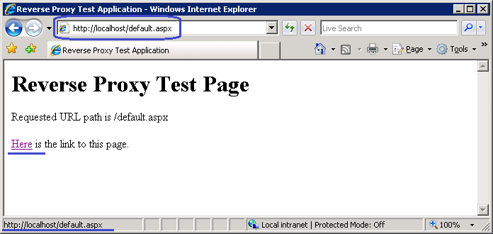 Screenshot di una finestra del browser che mostra una pagina di test del proxy inverso.