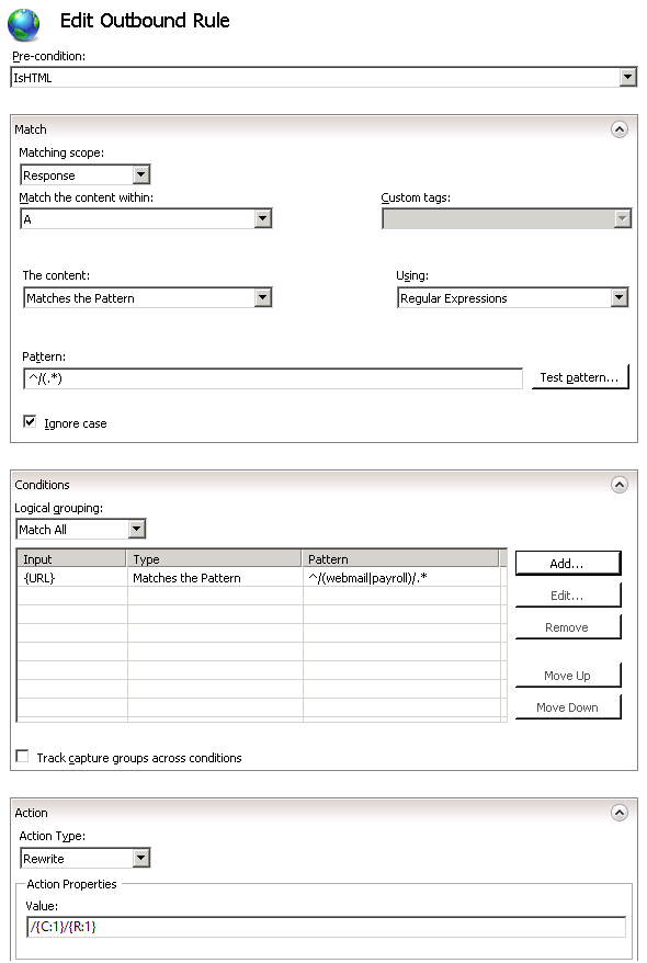 Screenshot della pagina delle proprietà Modifica regola in uscita. Vengono visualizzate le categorie Corrispondenza, Condizioni e Azione.