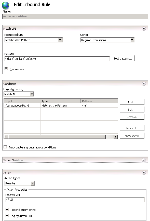 Screenshot della schermata Modifica regola in ingresso che mostra le sezioni Nome, Corrispondenza U R L, Condizioni, Variabili server e Azioni.