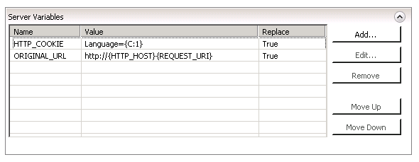 Screenshot della finestra di dialogo Variabili server con il carattere di sottolineatura H T T P COOKIE e il carattere di sottolineatura ORIGINALE U R L immessi nel campo Nome.