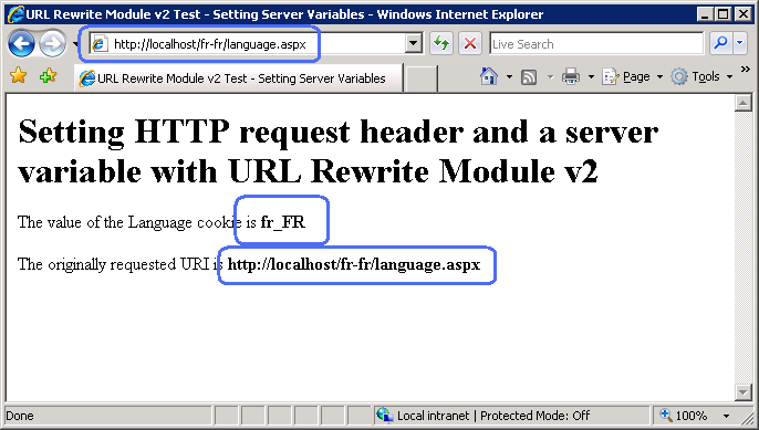 Screenshot della pagina Web U R L Rewrite Module v2 Test con lo stato attivo sulla barra U R L, il cookie Language è impostato su F R underscore F R.